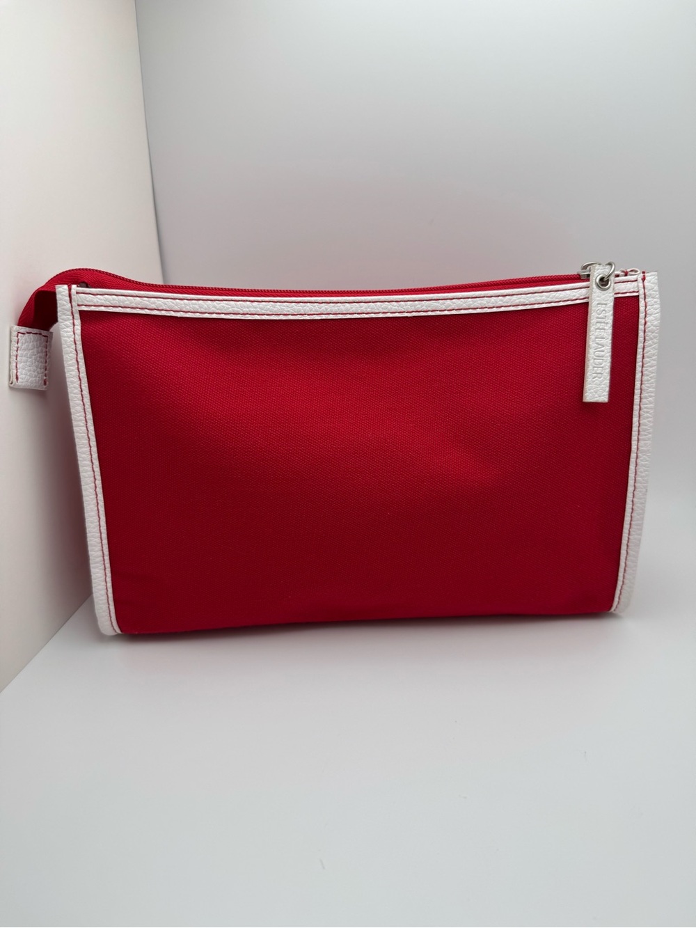 Estée Lauder Red White Trim Cosmetic Makeup Bag Travel Zip Pouch EUC